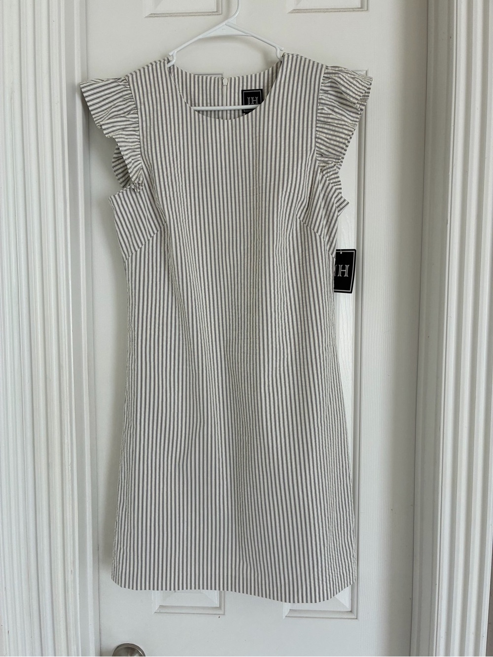 Ruffle Sleeve Mini Dress in Cream & Gray Stripes